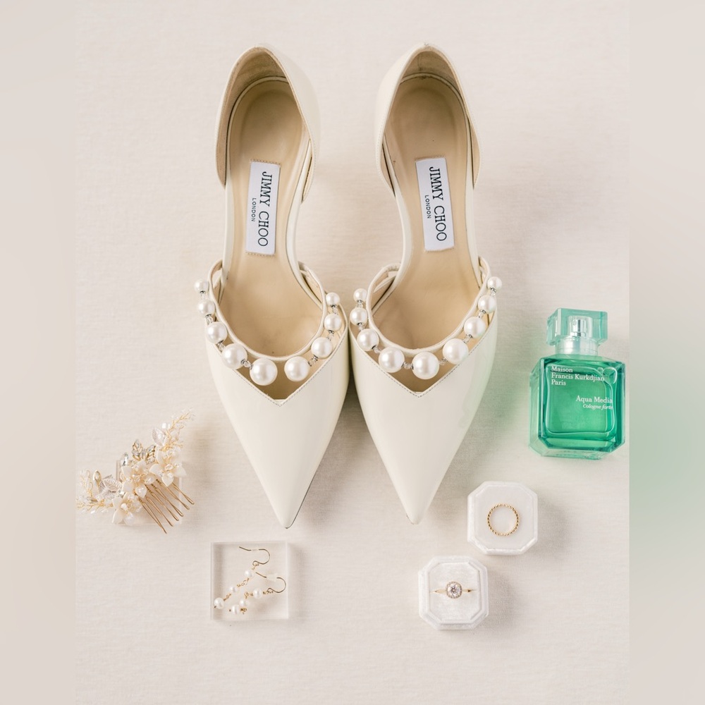 Jimmy Choo Aurelie Ivory Patent Pointed-Toe Pumps with Pearl Strap